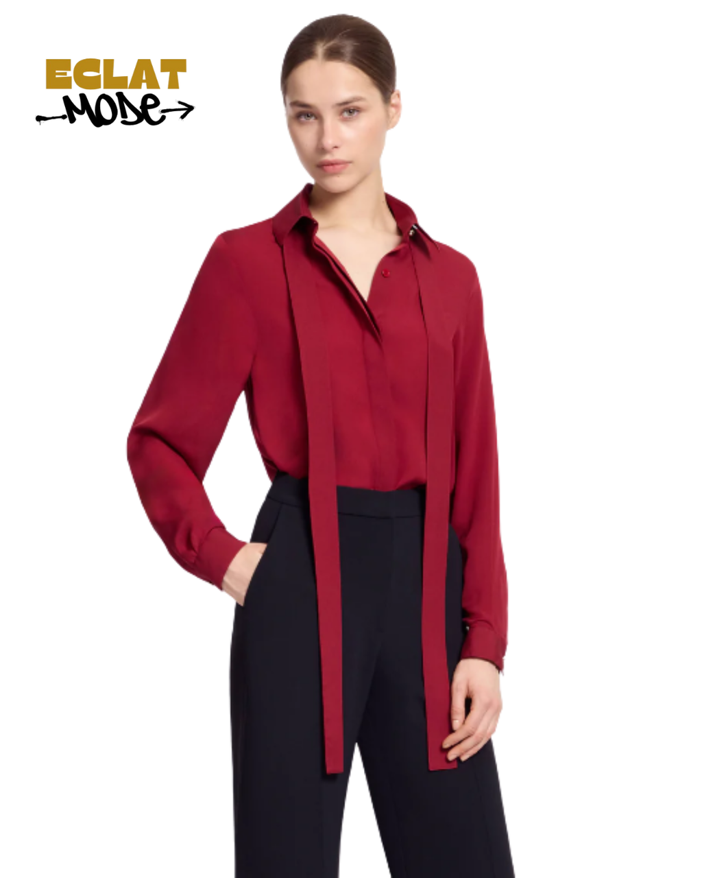 Crimson Poise Long Tie Silk Blouse