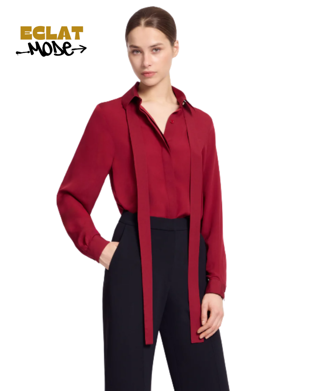 Crimson Poise Long Tie Silk Blouse
