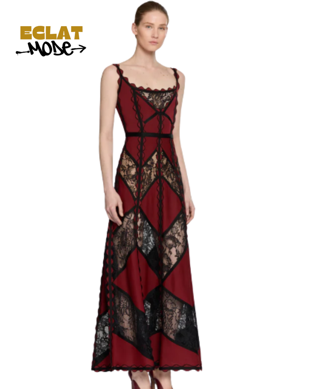 Crimson Noir Lace Mosaic Gown