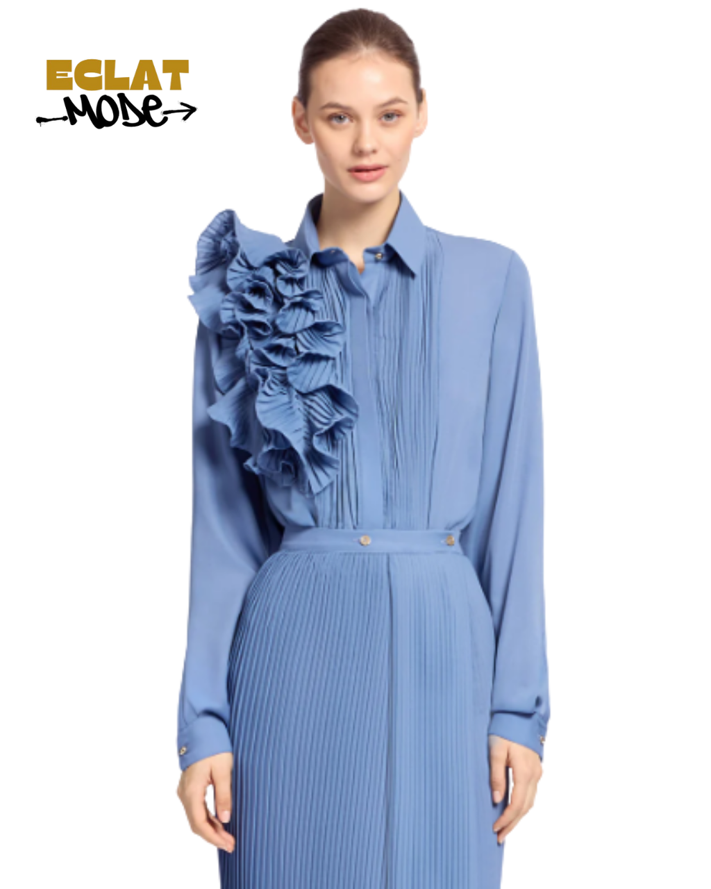 Azure Bloom Pleated Ruffle Blouse