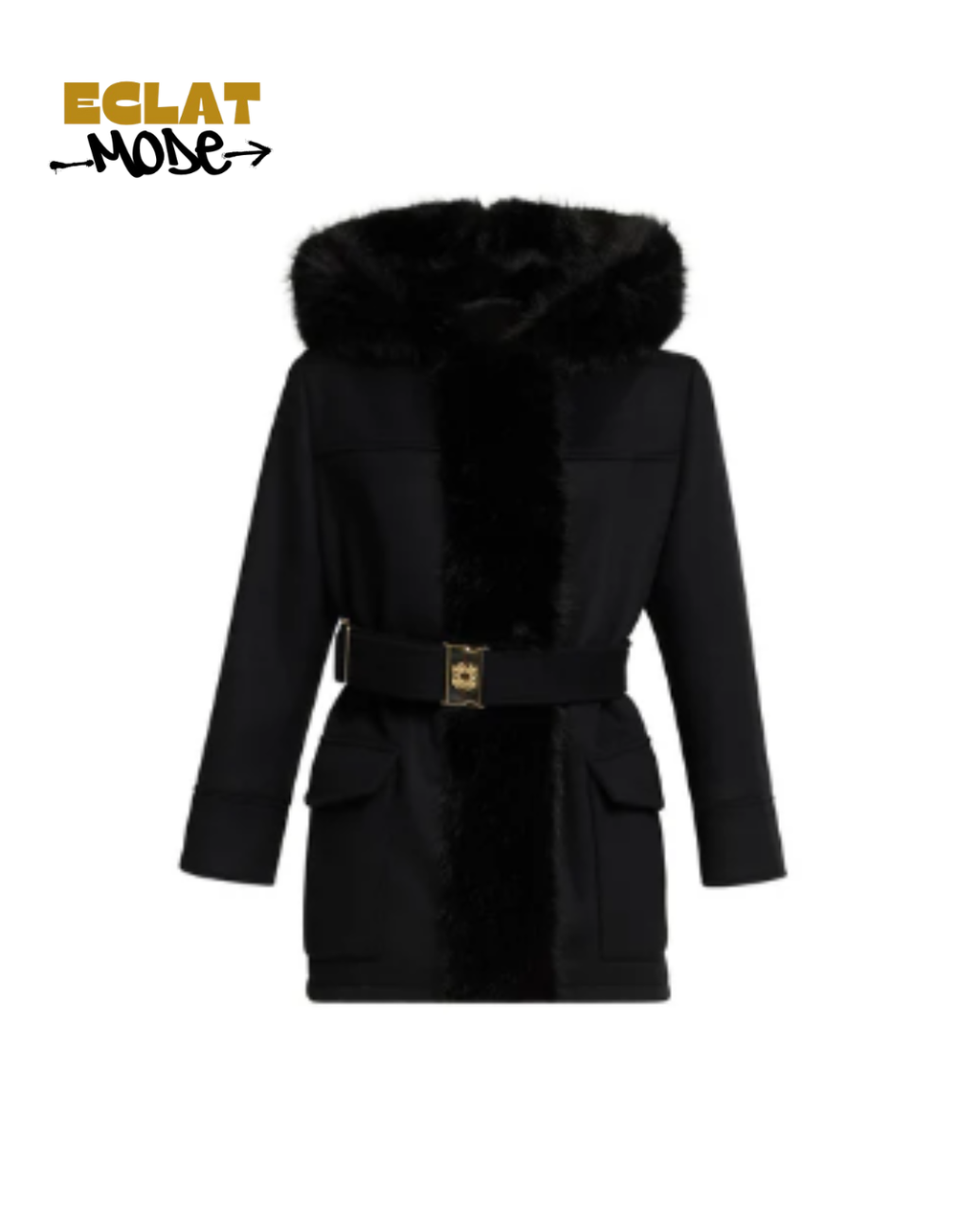 Noir Luxe Belted Fur-Trim Coat