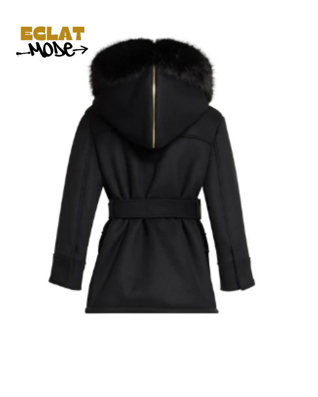 Noir Luxe Belted Fur-Trim Coat