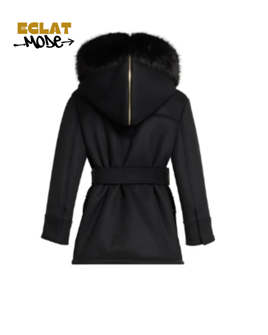 Noir Luxe Belted Fur-Trim Coat