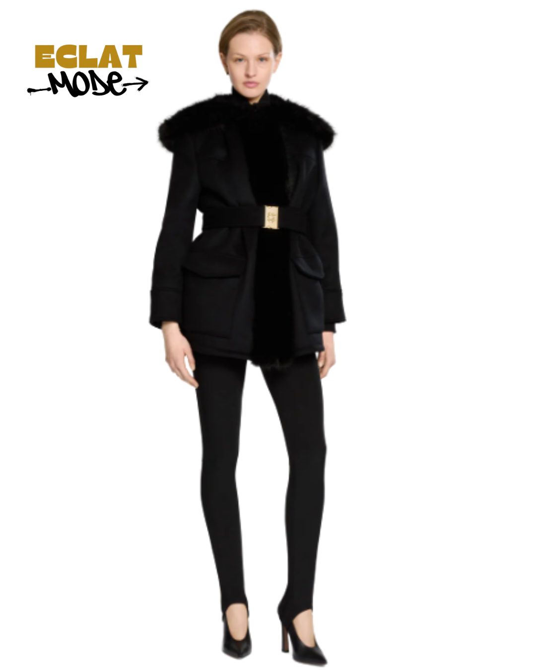 Noir Luxe Belted Fur-Trim Coat