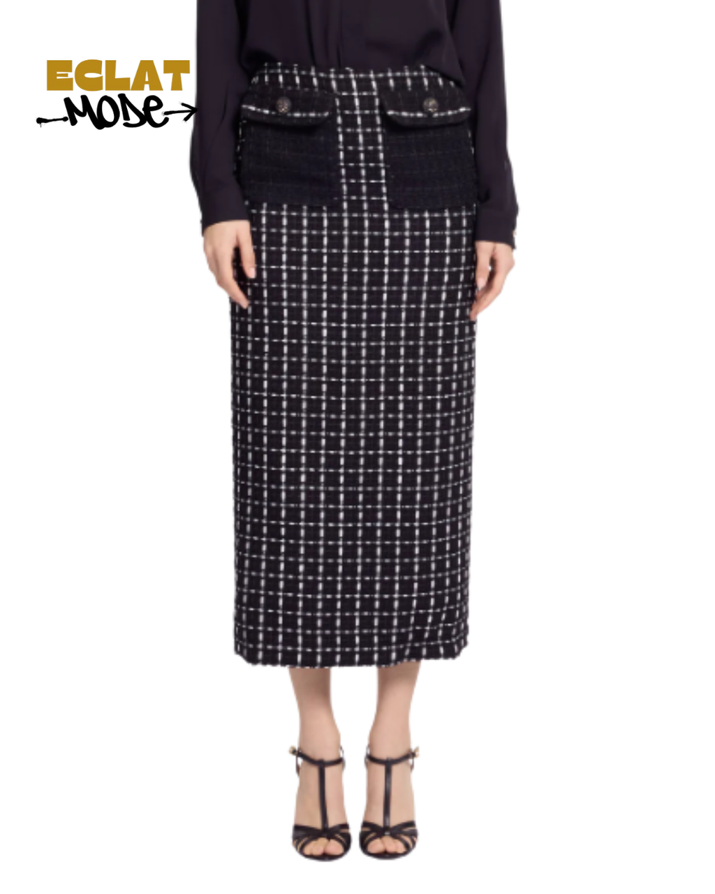 Midnight Check Tweed Midi Skirt