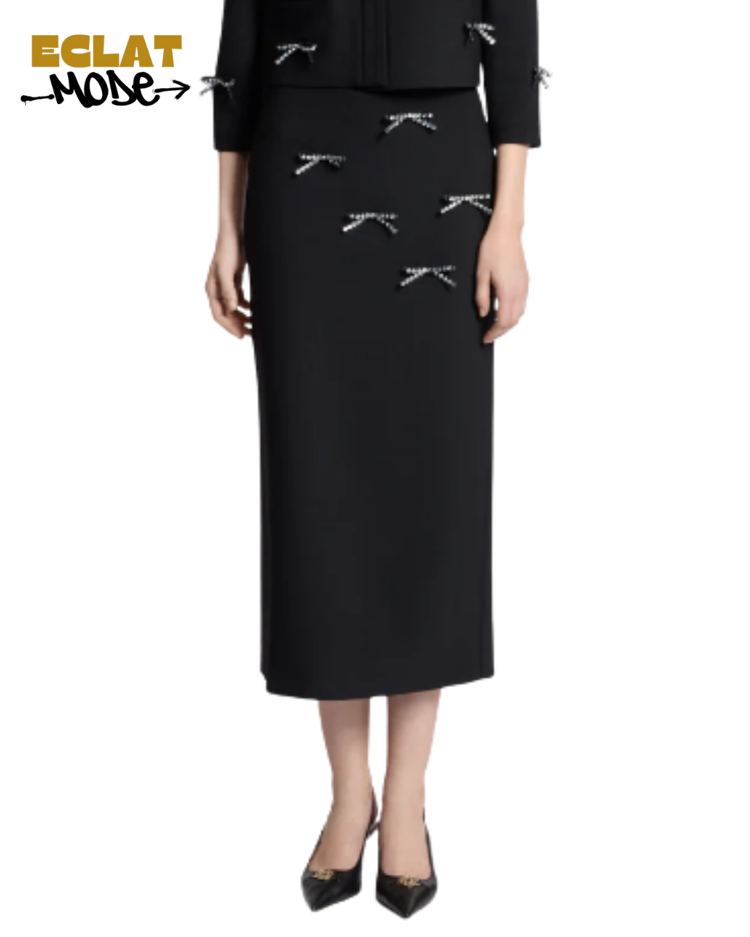 Noir Élégance Crystal Bow Pencil Skirt